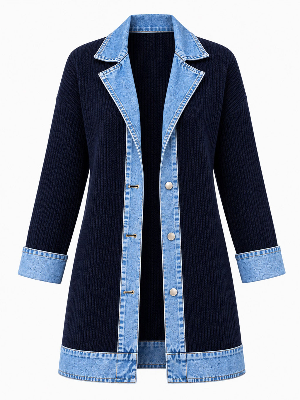 Elegante abrigo vaquero para mujer con acogedor panel de punto de canalé