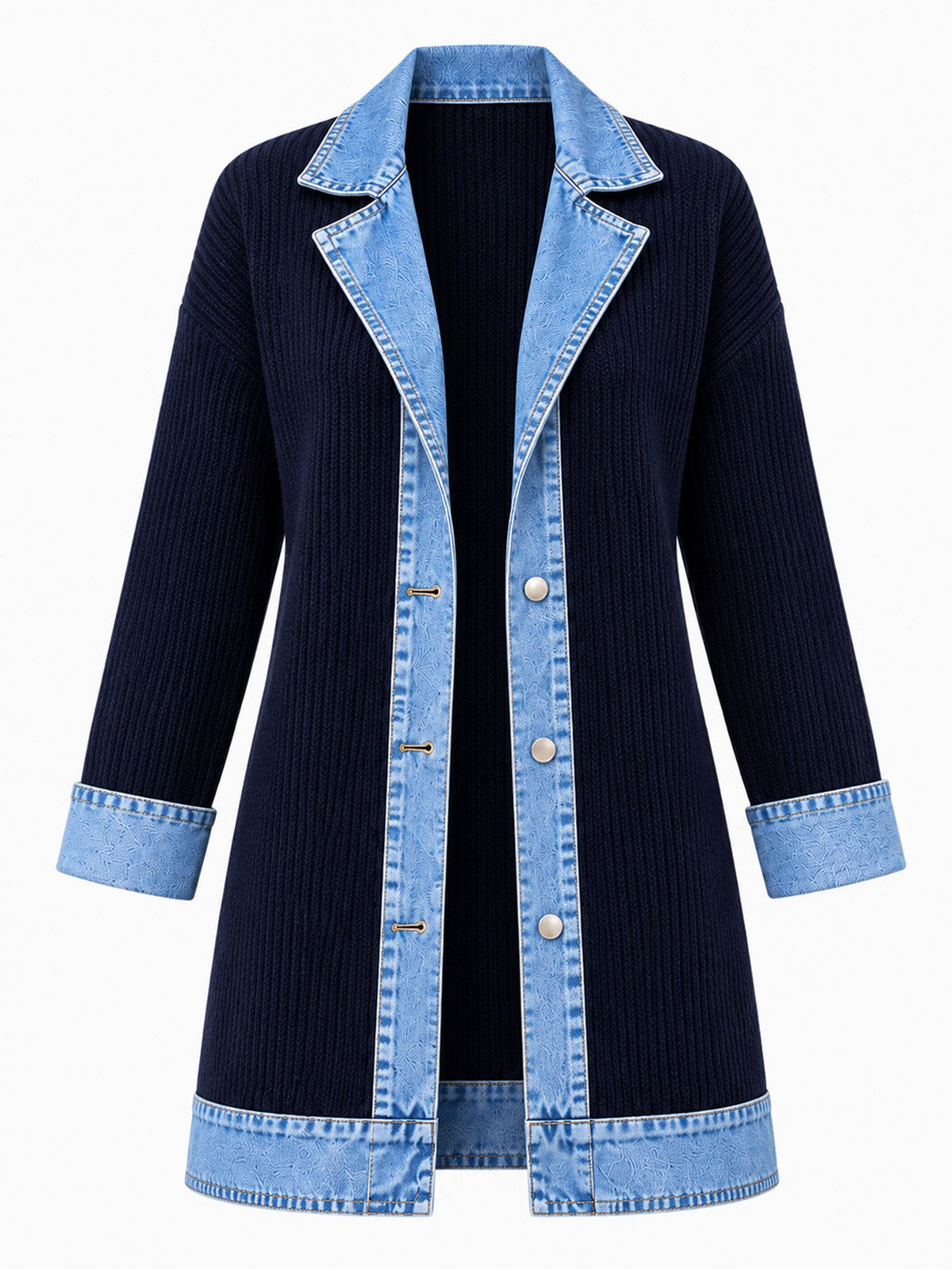 Elegante abrigo vaquero para mujer con acogedor panel de punto de canalé