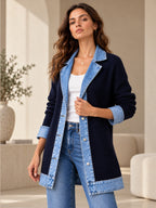 Elegante abrigo vaquero para mujer con acogedor panel de punto de canalé