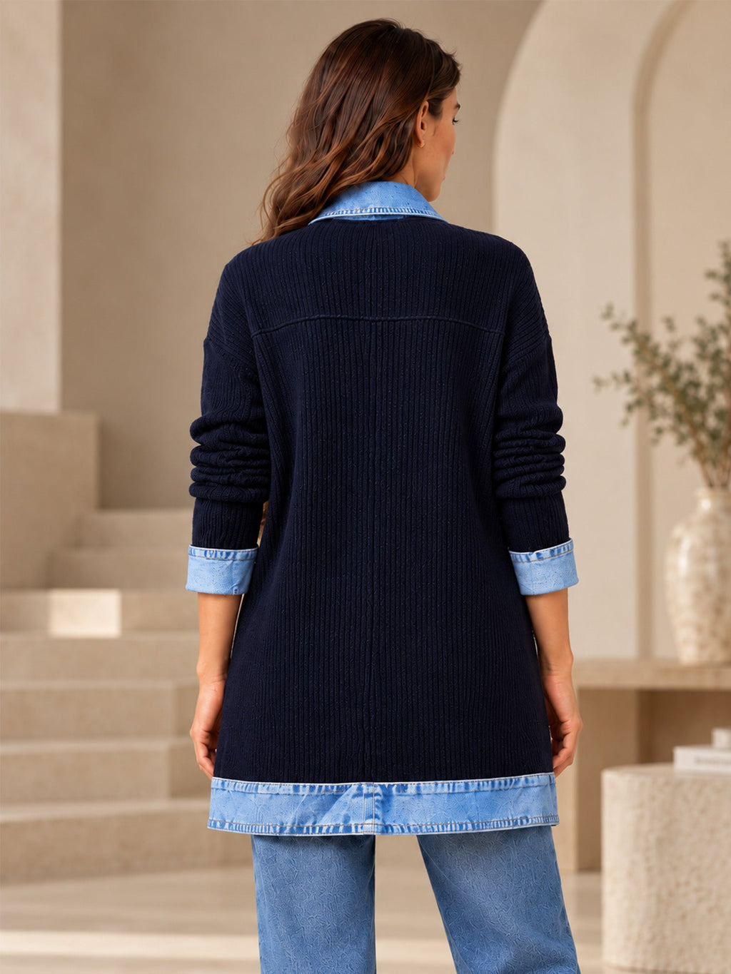 Elegante abrigo vaquero para mujer con acogedor panel de punto de canalé