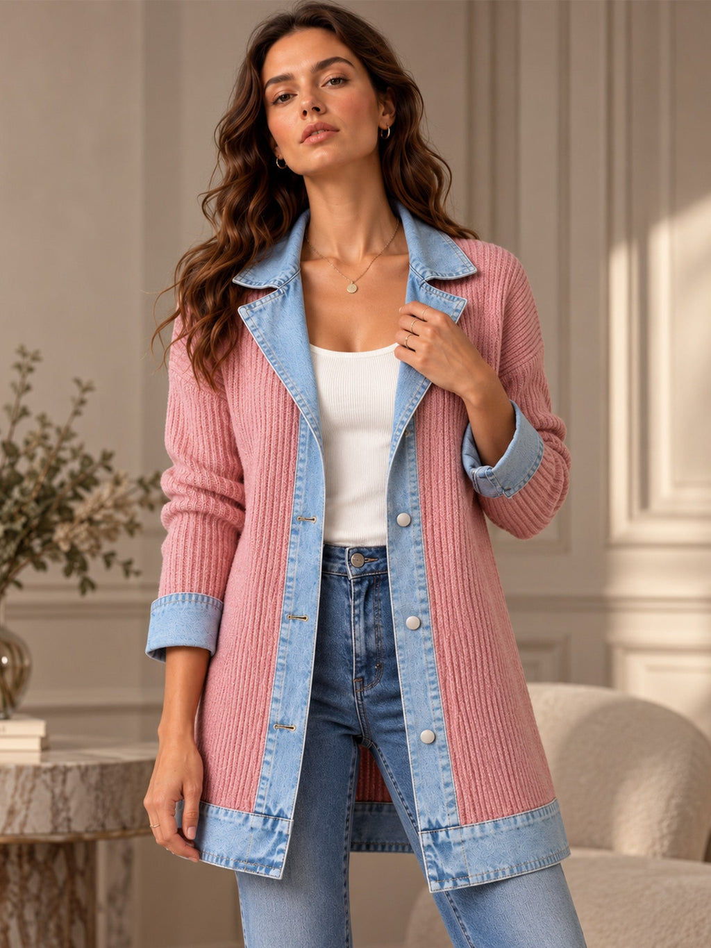 Elegante abrigo vaquero para mujer con acogedor panel de punto de canalé