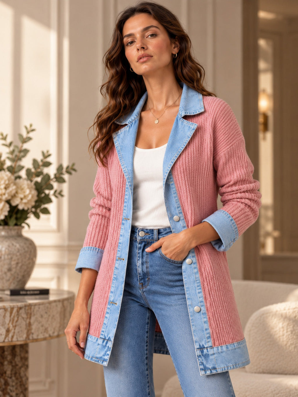 Elegante abrigo vaquero para mujer con acogedor panel de punto de canalé