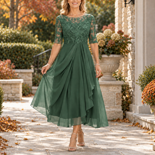 Avi | Elegante vestido midi drapeado con corpiño de encaje