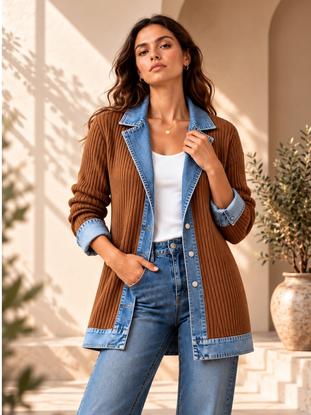 Elegante abrigo vaquero para mujer con acogedor panel de punto de canalé