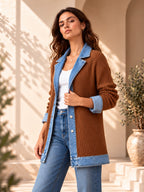 Elegante abrigo vaquero para mujer con acogedor panel de punto de canalé