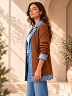 Elegante abrigo vaquero para mujer con acogedor panel de punto de canalé