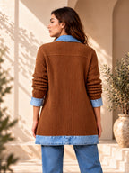 Elegante abrigo vaquero para mujer con acogedor panel de punto de canalé
