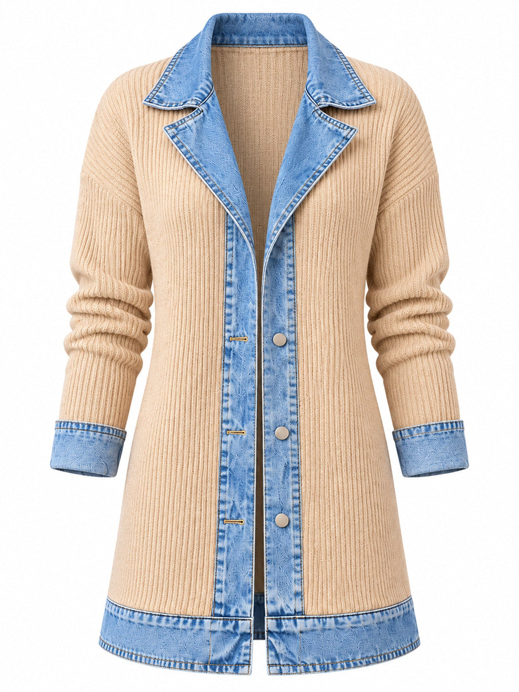 Elegante abrigo vaquero para mujer con acogedor panel de punto de canalé