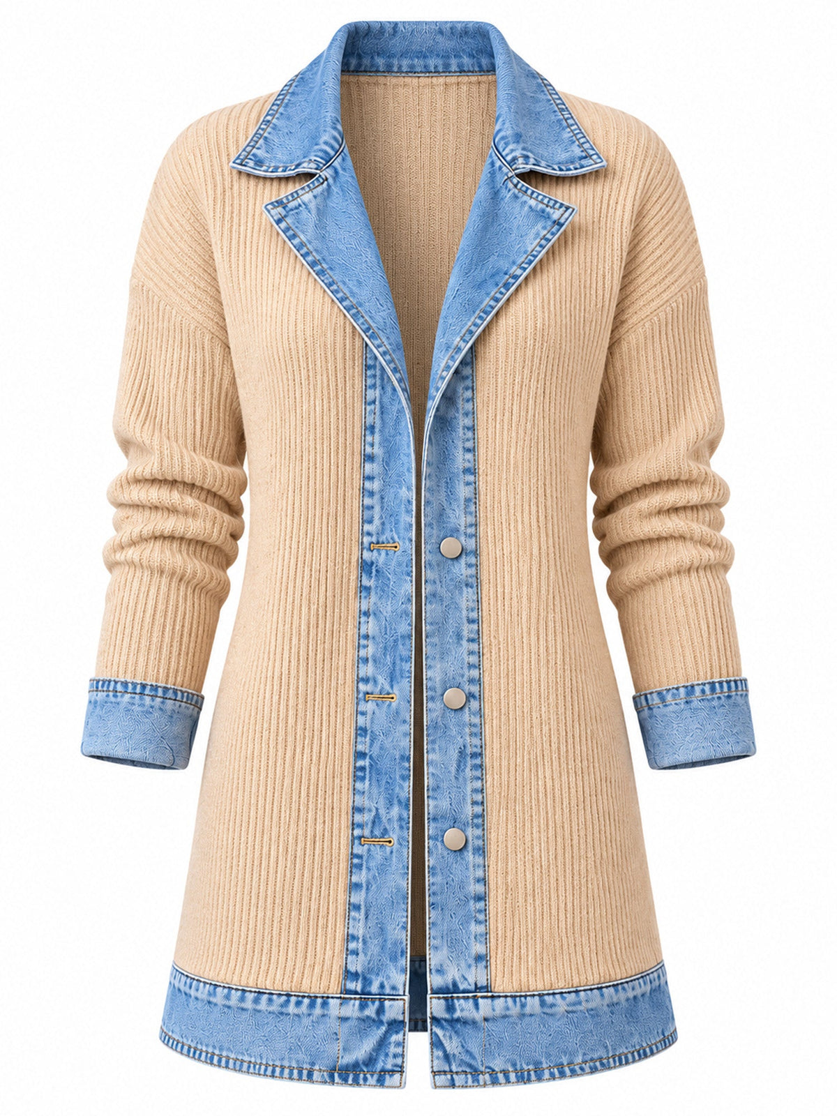 Elegante abrigo vaquero para mujer con acogedor panel de punto de canalé