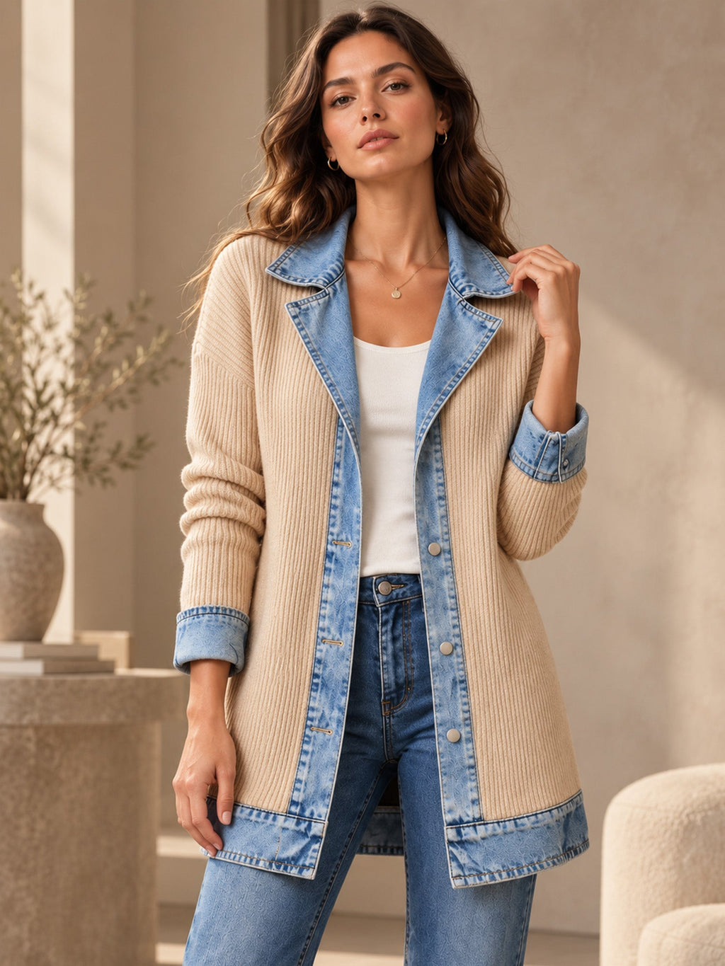 Elegante abrigo vaquero para mujer con acogedor panel de punto de canalé