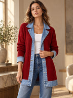 Elegante abrigo vaquero para mujer con acogedor panel de punto de canalé