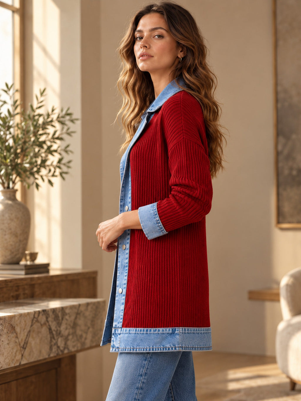 Elegante abrigo vaquero para mujer con acogedor panel de punto de canalé