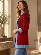 Elegante abrigo vaquero para mujer con acogedor panel de punto de canalé