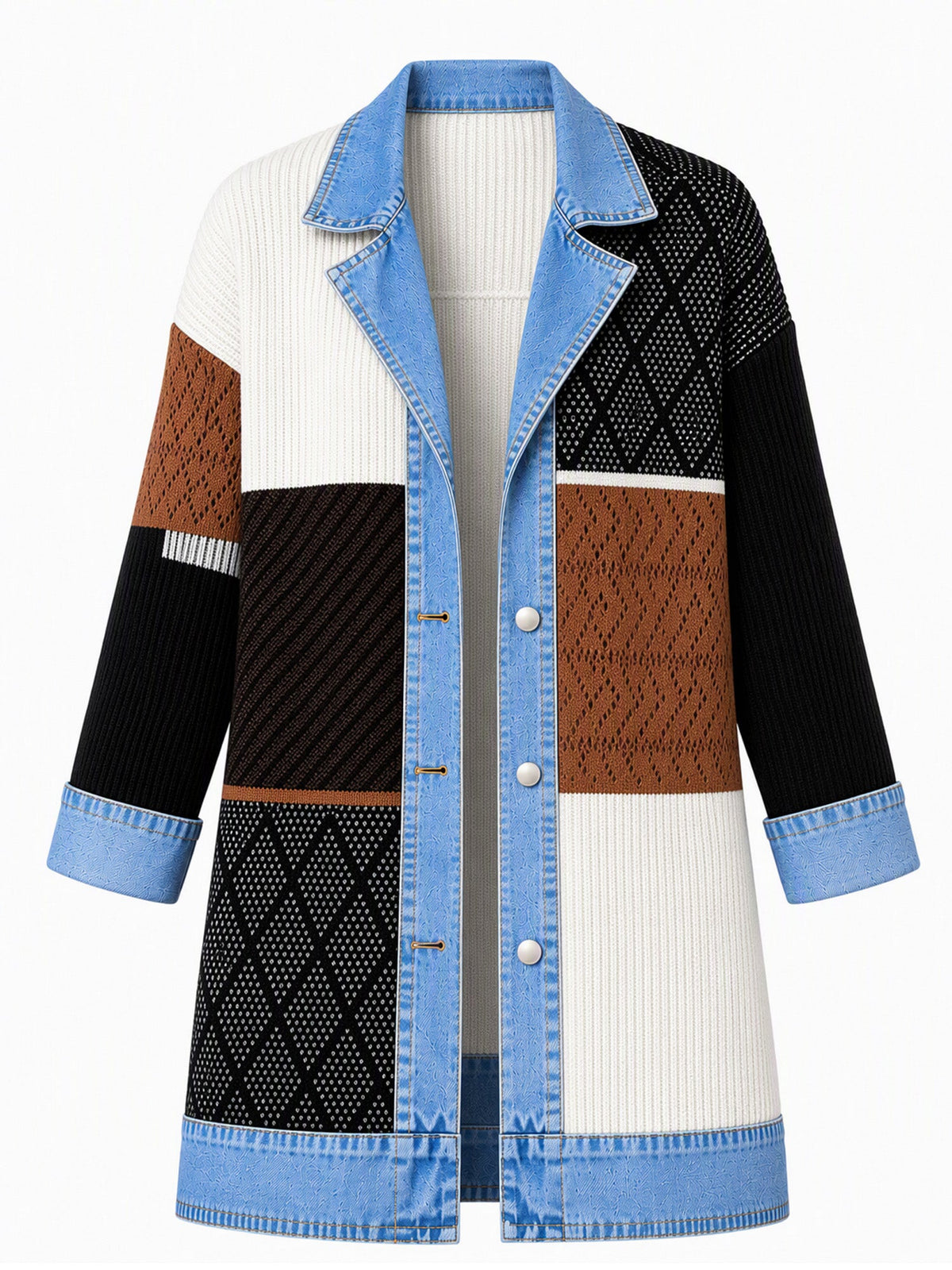 Elegante abrigo vaquero para mujer con acogedor panel de punto de canalé