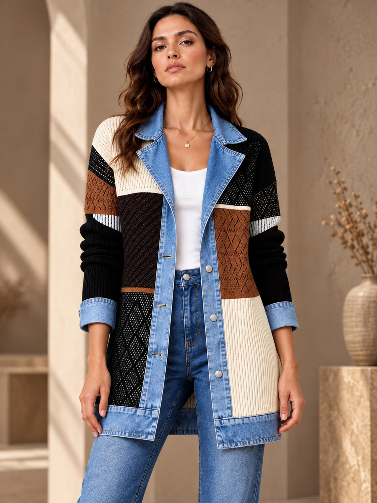 Elegante abrigo vaquero para mujer con acogedor panel de punto de canalé