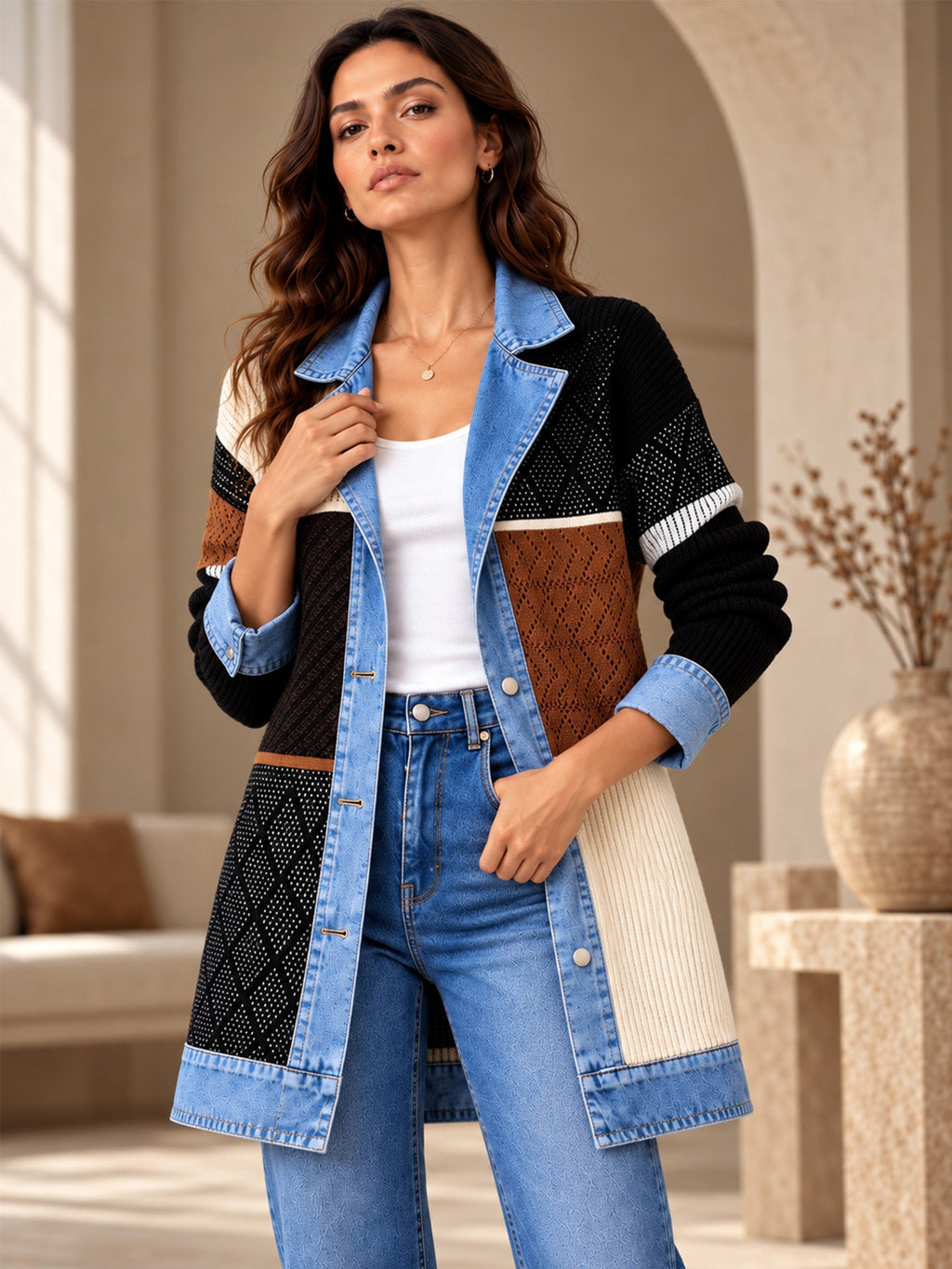 Elegante abrigo vaquero para mujer con acogedor panel de punto de canalé