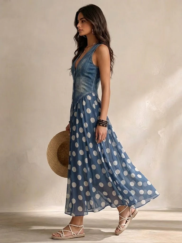 Briana - Vestido midi de gasa de lunares