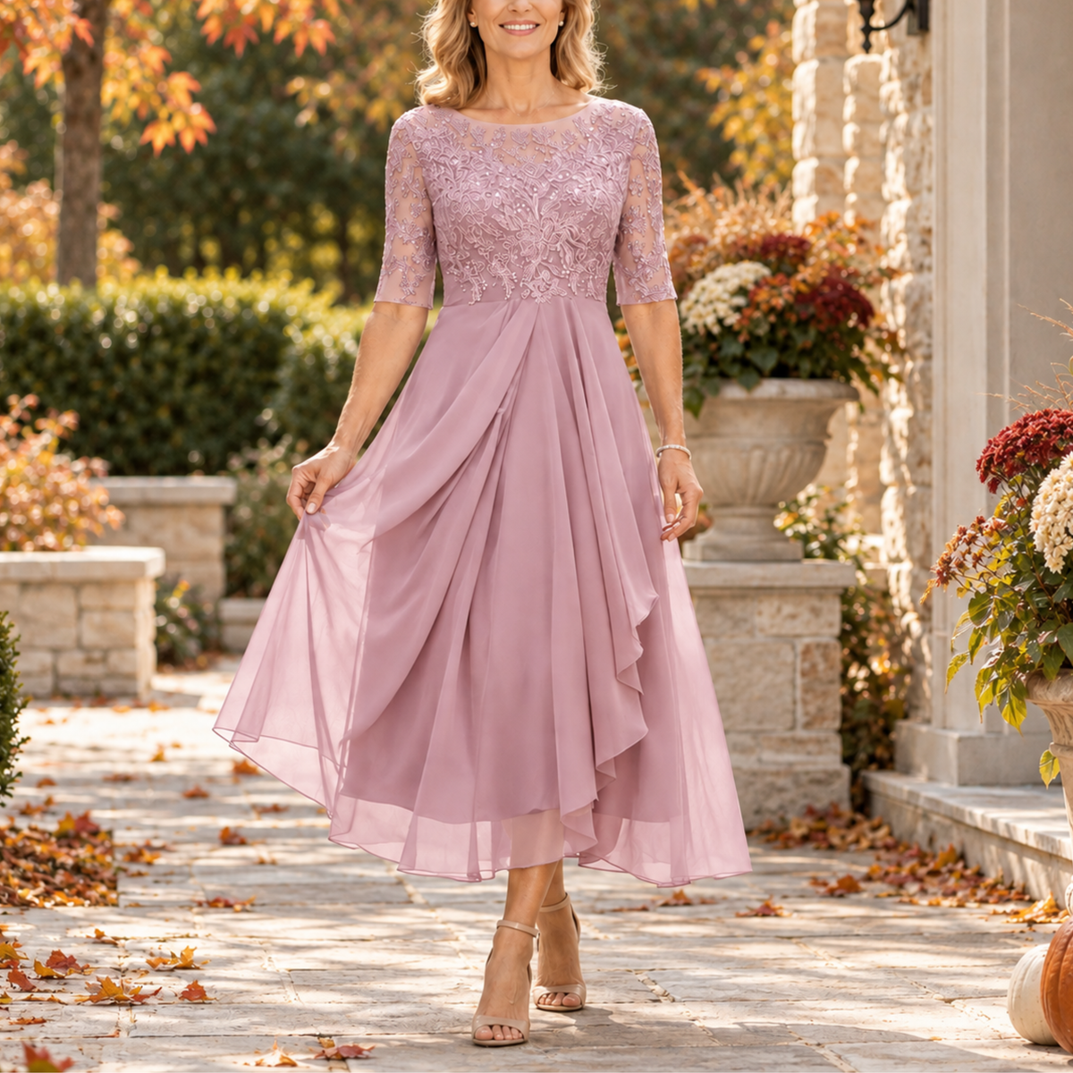 Avi | Elegante vestido midi drapeado con corpiño de encaje