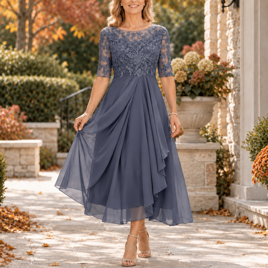 Avi | Elegante vestido midi drapeado con corpiño de encaje
