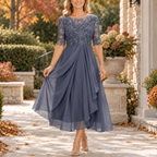 Avi | Elegante vestido midi drapeado con corpiño de encaje