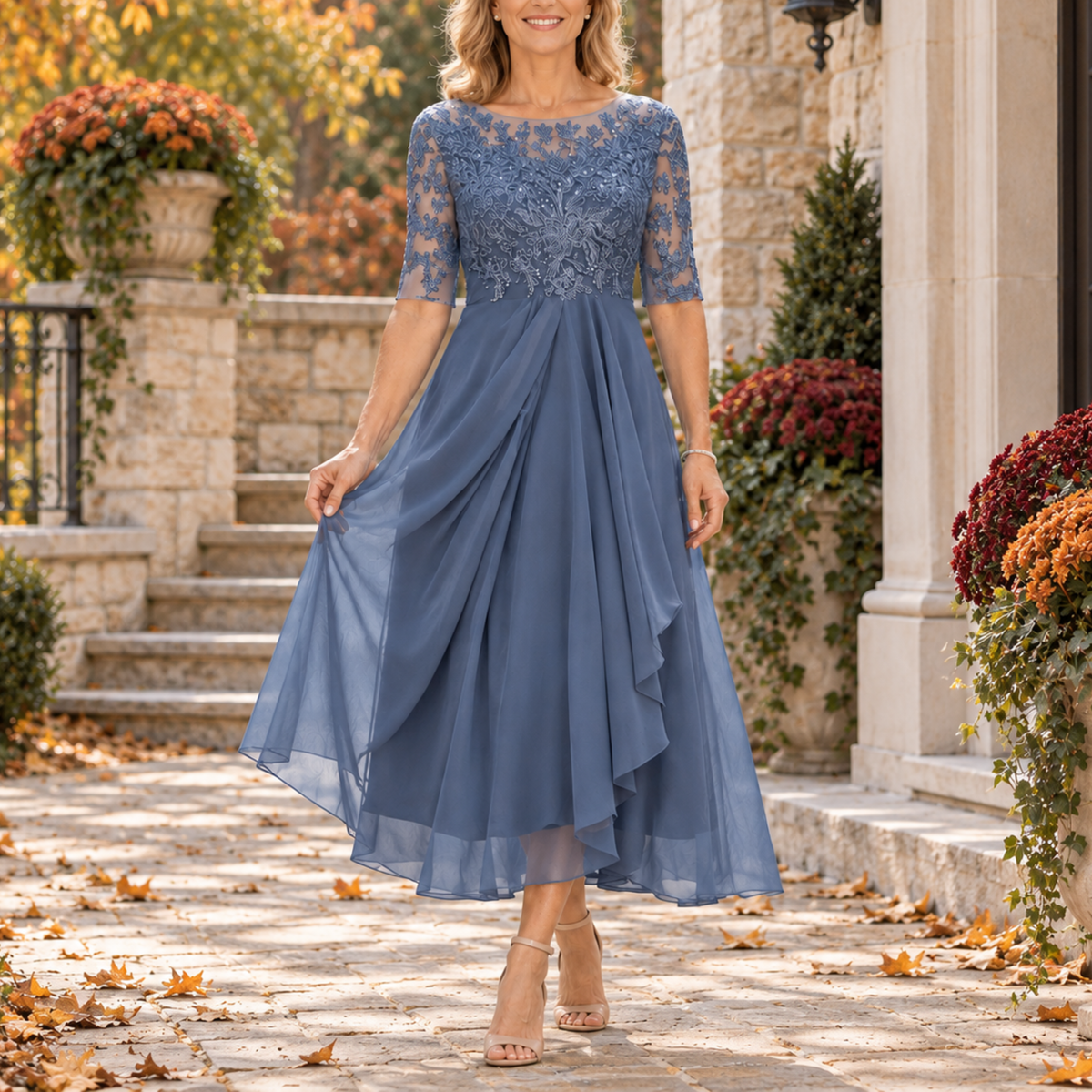 Avi | Elegante vestido midi drapeado con corpiño de encaje
