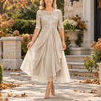 Avi | Elegante vestido midi drapeado con corpiño de encaje