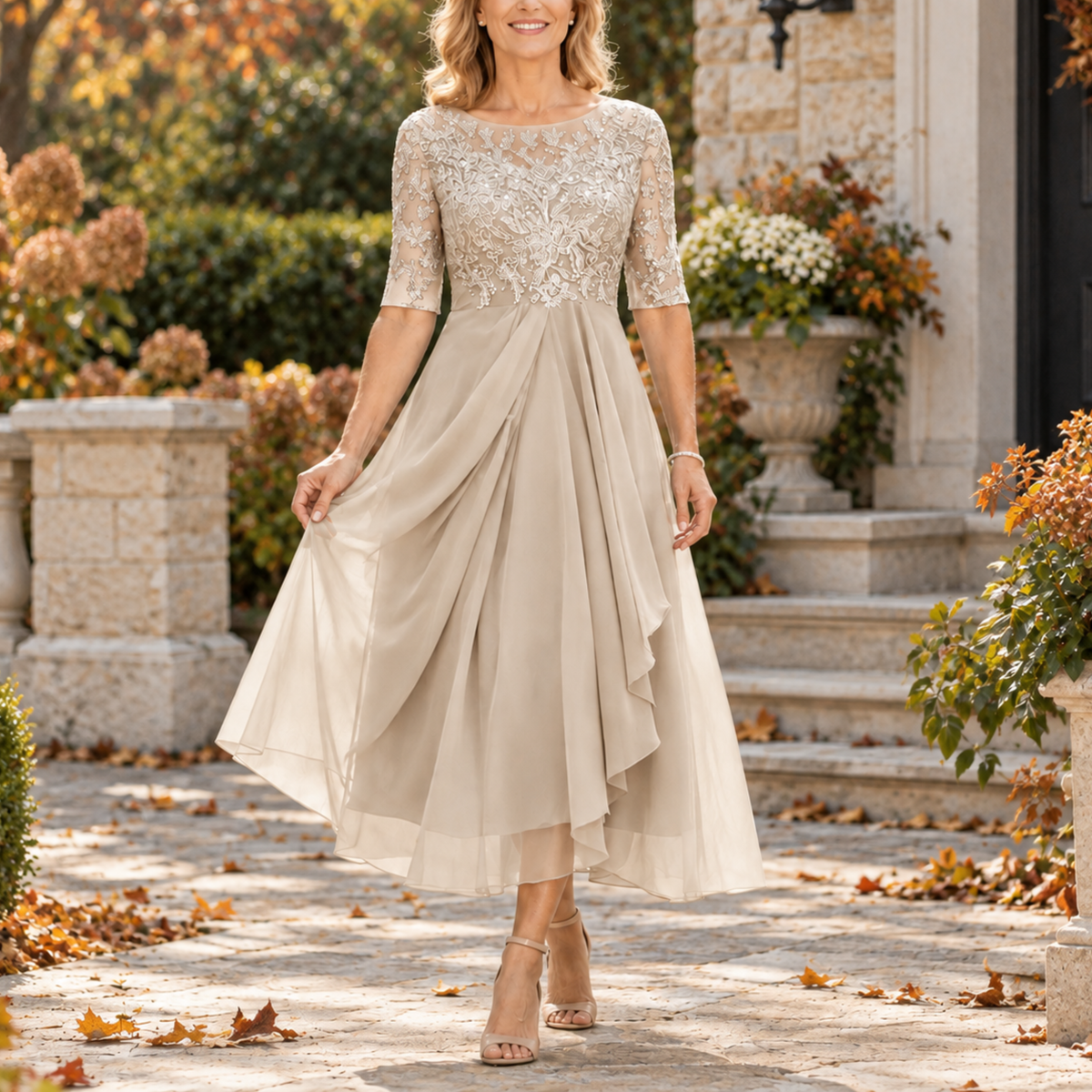 Avi | Elegante vestido midi drapeado con corpiño de encaje