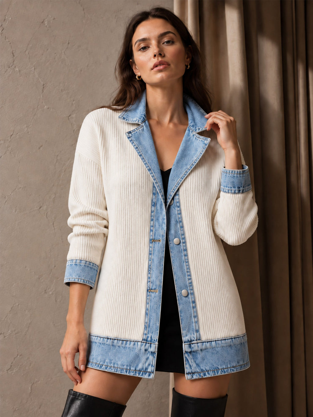 Elegante abrigo vaquero para mujer con acogedor panel de punto de canalé