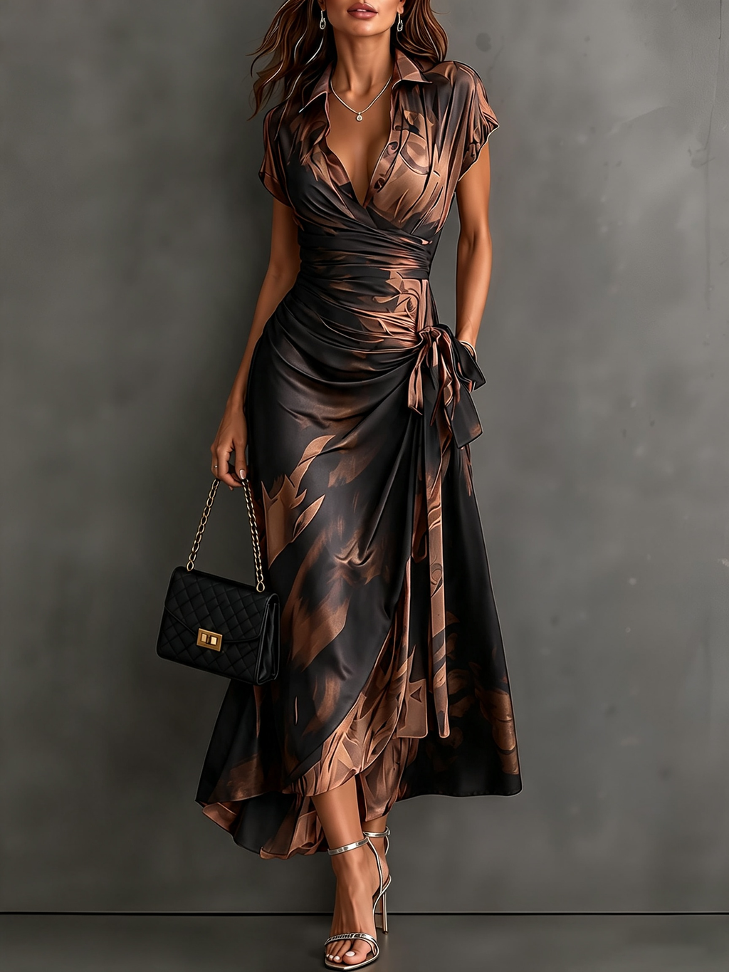 Francesca | Vestido midi cruzado marrón con estampado abstracto