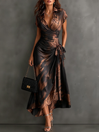 Francesca | Vestido midi cruzado marrón con estampado abstracto