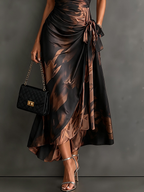 Francesca | Vestido midi cruzado marrón con estampado abstracto