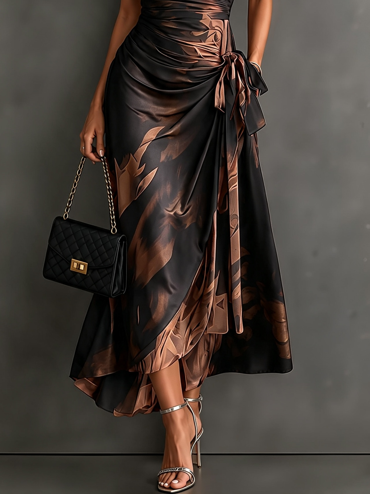 Francesca | Vestido midi cruzado marrón con estampado abstracto