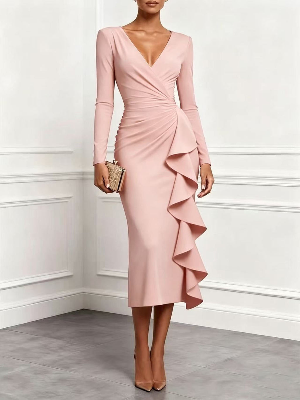 Zyla - Vestido midi rosa empolvado