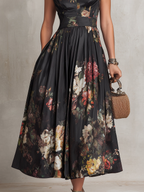 Carmen | Vestido midi negro satinado con flores