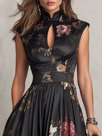 Carmen | Vestido midi negro satinado con flores