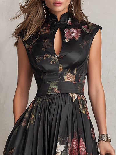 Carmen | Vestido midi negro satinado con flores