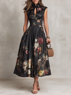 Carmen | Vestido midi negro satinado con flores