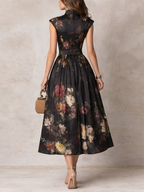Carmen | Vestido midi negro satinado con flores