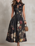 Carmen | Vestido midi negro satinado con flores