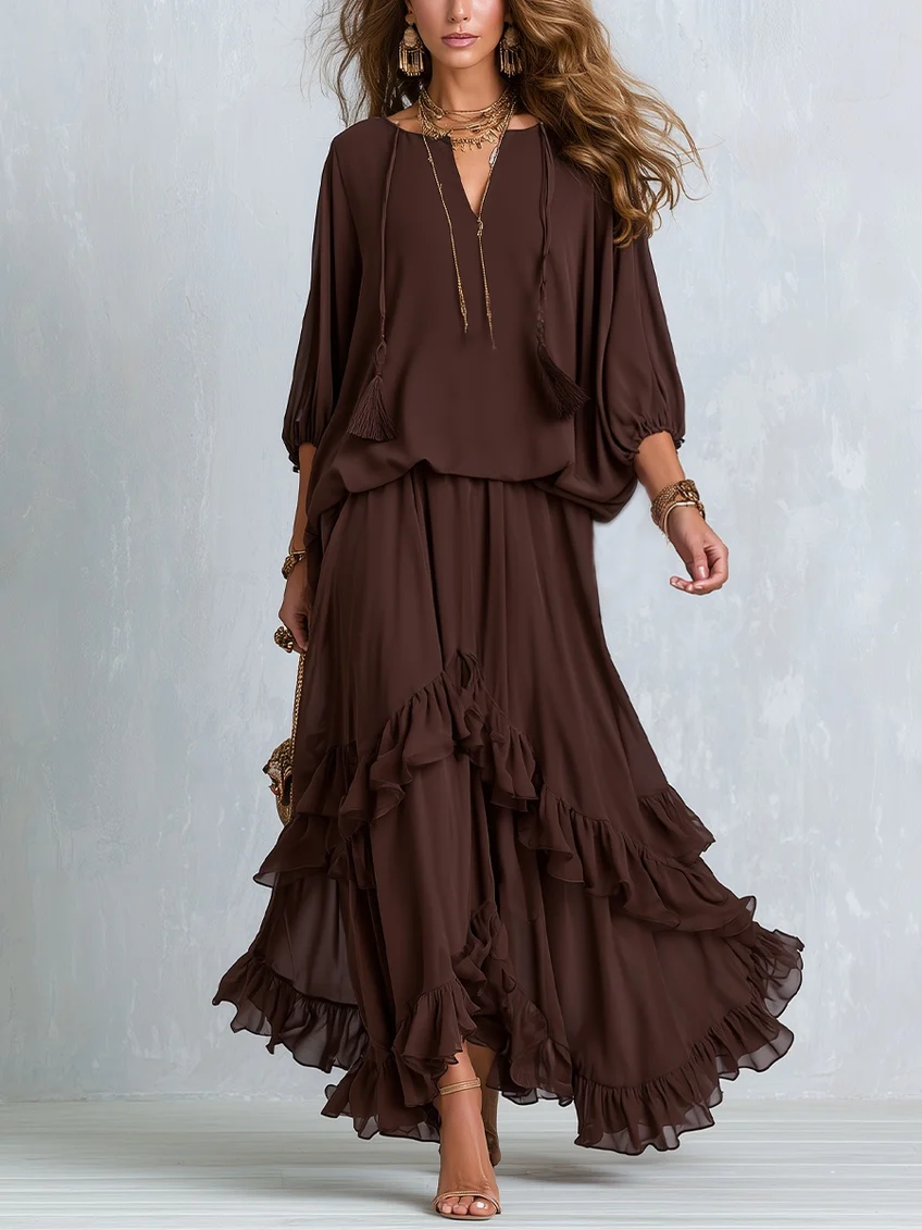 Ondine - Vestido de gasa marrón con flecos
