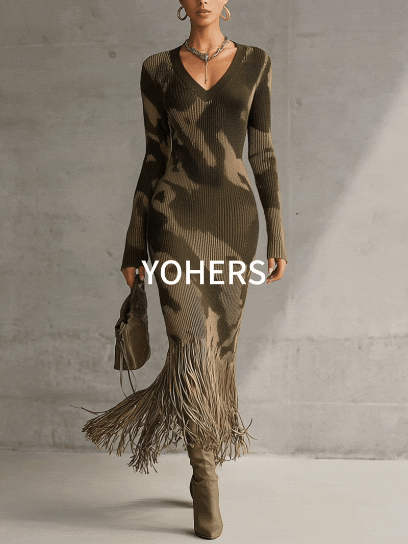 Vestido de punto ajustado Yohers con camuflaje verde oliva, escote en V y dobladillo con flecos