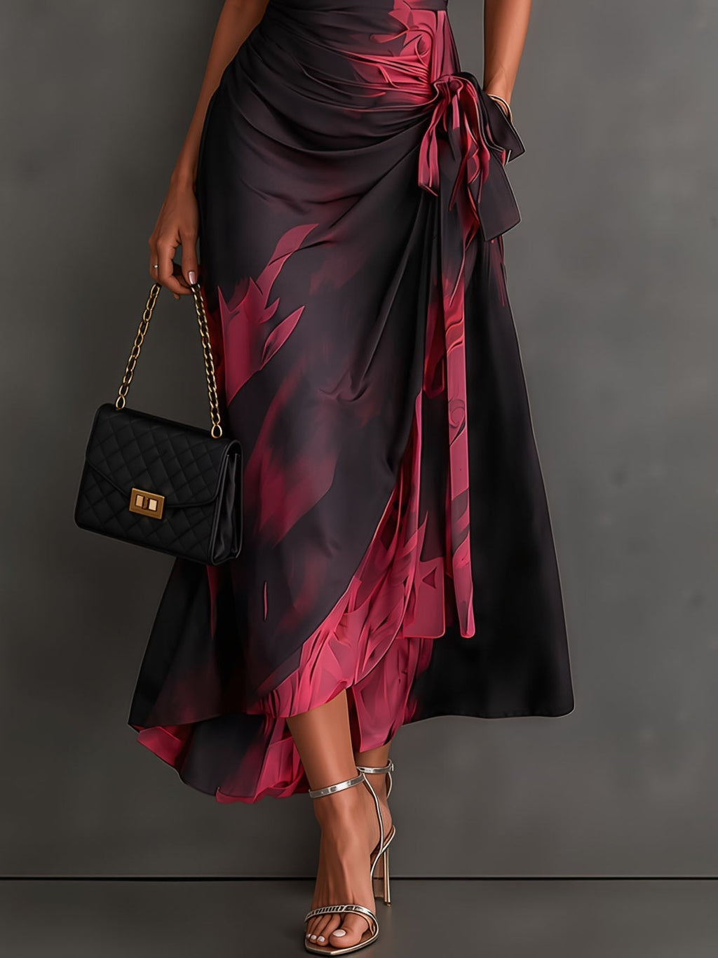 Beatrice | Vestido midi cruzado burdeos con estampado abstracto