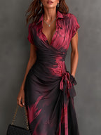 Beatrice | Vestido midi cruzado burdeos con estampado abstracto