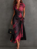 Beatrice | Vestido midi cruzado burdeos con estampado abstracto